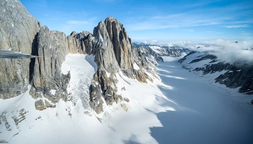 Cliffs, Kichatna Spires, snow and ice, epic mountains with glaciers, aerial view, Alaska Range,