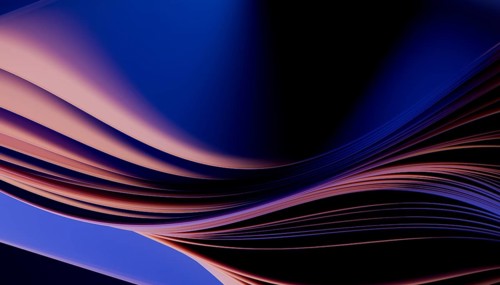 An abstract 3D depiction of flowing blue and purple waves, creating a sense of dynamic motion and