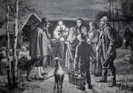 Christmas scene in the Rauhen Alb, Swabian Jura, the family bringing a small Christmas tree and