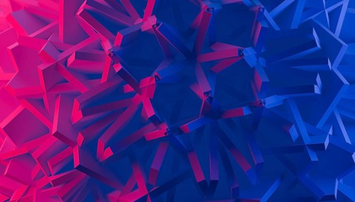 This image features a 3D rendered abstract background with an intricate arrangement of geometric
