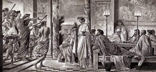 The Symposium or drinking party at the house of the tragedian Agathon in Athens, by Plato