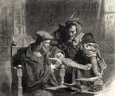 Faust signs the contract with his blood, first part of the tragic play Faust by Johann Wolfgang von