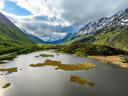 Lake Tern Lake and mountain landscape, aerial view, Moose Pass, Kenai Peninsula, Alaska, USA