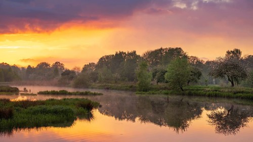 Sunset at Ahlhorn fish ponds, Ahlhorn, Lower Saxony, Germany