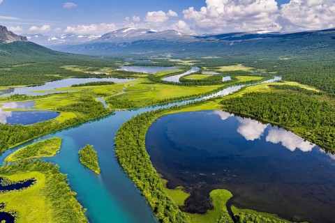 Aerial view of river Vistasjohka, branching river arms, turquoise colored river, Vistasvagge