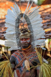 Portrait, warrior with feather decoration and body painting in the village of Upovia, Lake Murray,