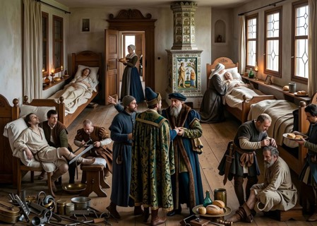 A hospital, bedside experience according to Paracelsus, historical illustration, digitally edited,