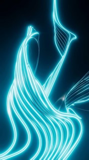 This illustration features glowing neon blue lines that form an abstract, fluid design against a