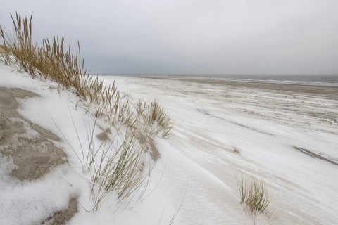 Snow-covered dunes on the North Sea beach, Langeoog, Lower Saxony, Germany