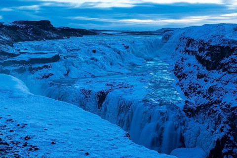 Gullfoss, Hvítá River Waterfall, Blue Hour, Frost, Snow, Winter, Haukadalur, Iceland, Scandinavia