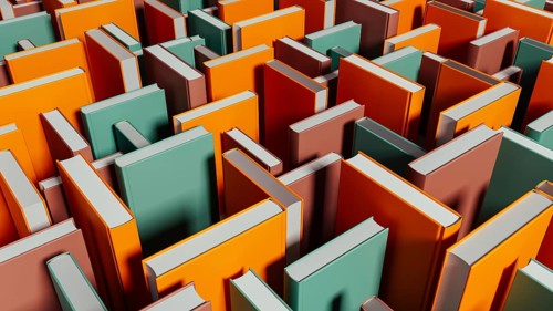 Bright books stand out among darker volumes, inviting exploration and learning in a unique library
