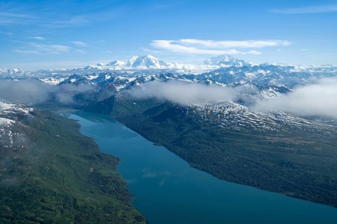 Chelatna Lake, Mt Foraker and Mt Denali or Mount McKinley, aerial view, Alaska Range, Denali