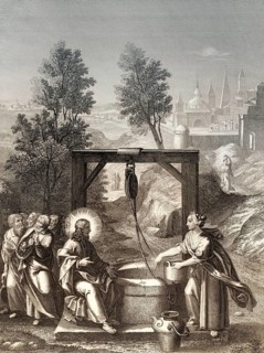 Jesus talks with a Samaritan woman, New Testament, Steel engraving 1853, digitally restored
