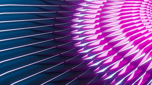 Bright neon lights illuminate a backdrop of abstract geometric shapes, creating an engaging visual
