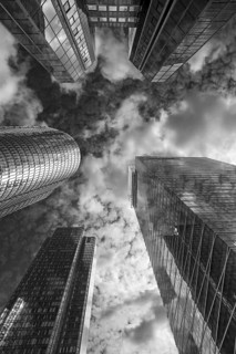 Office skyscrapers, cloudy sky, La Défence, largest office building district in Europe, black and
