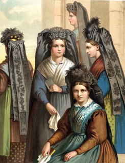 Traditional costumes in Germany around 1820, Thuringia, group of woman in traditional traditional