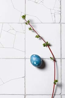 Top view of a single blue Easter egg adorned with a fresh green sprig on a textured white tiled