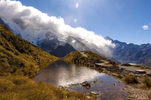 Breathtaking beauty of autumn at Mount Cook, New Zealand. The scene captures the tranquil mountain