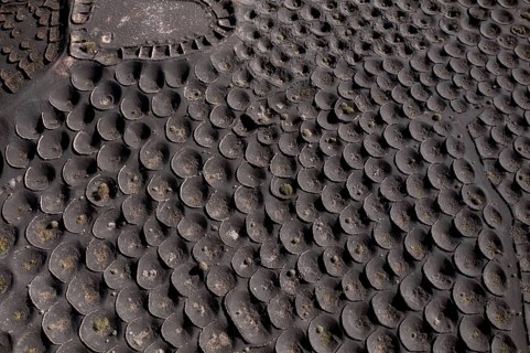Aerial view of black volcanic soil gridded with circular sunken pits used for grape cultivation,