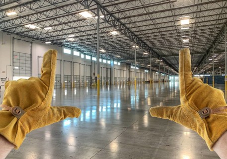 Framing Hands Wearing Leather Construction Gloves in Empty Industrial Warehouse
