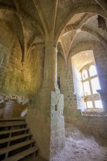 High room with ribbed vault in the Cathar castle of Quéribus, Cucugnan, Département Aude, France