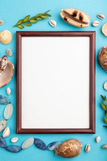 Composition with wooden frame, seashells, green boxwood. mockup on blue pastel background. Blank,