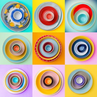 A grid layout of colorful plates and bowls showcases vibrant patterns and colors, creating a lively