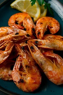 Fried with spices, King prawns, undivided, top view, selective focus, seafood, shrimp, no people
