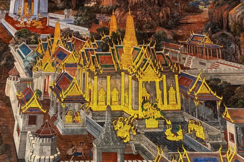 The Grand Royal Palace, Wat Phra Kaeo Buddhist Temple, wall painting on galleries with Buddhist
