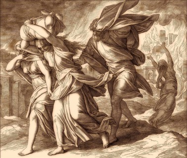 Lot and his family fleeing from burning Sodom and Gomorrah, Old Testament, by Julius Schnorr von