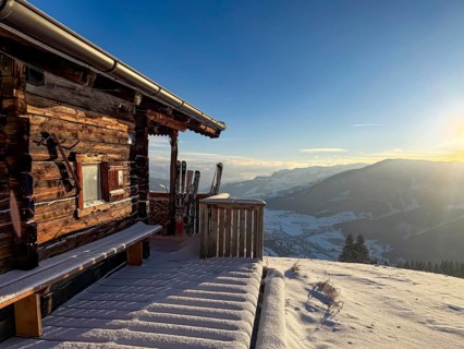 Mountain hut with fresh snow in the morning, in winter, Hochbrixen, Kitzbühel Alps, Tyrol, Austria