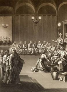 Jesus Washes the Disciples' Feet, New Testament, steel engraving 1853, digitally restored