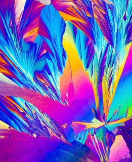This image captures the stunning microscopic view of Adipic acid crystals, showcasing a vivid array