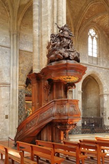Pulpit of the Gothic church, Ste-Marie-Madelein, interior view, wood carving, arts and crafts,