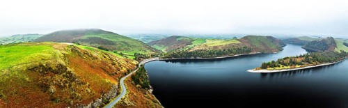 Autumn colours over Llyn Clywedog and Clywedog Reservoir from a drone, Llanidloes, Wales, UK