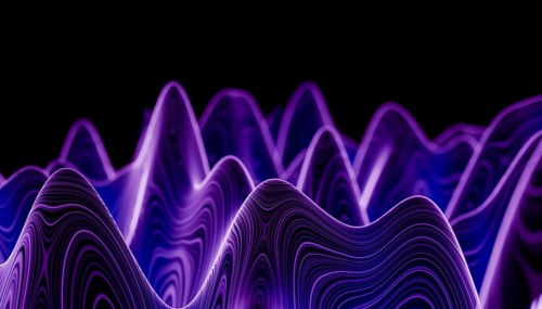 An artistic 3D-rendered image displaying flowing waves in various shades of purple against a dark
