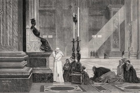 Pope Pius IX at bronze statue of Saint Peter, St. Peter's Basilica, Vatican, Rome, Italy, 19th