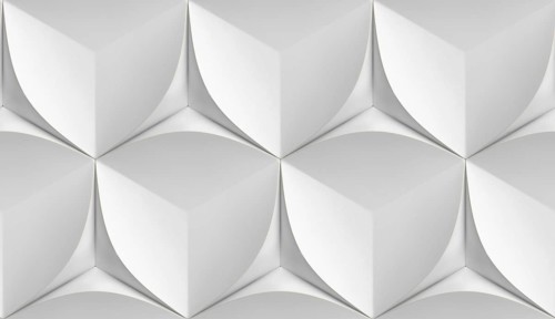 Minimalist 3D illustration with crisp white cubic and petal-like patterns forming a seamless