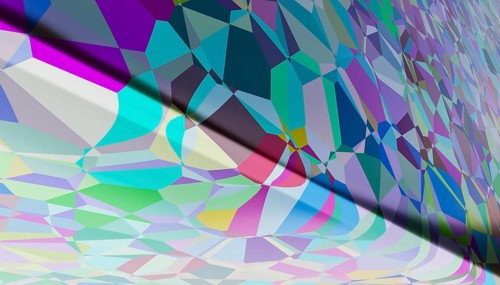 This image displays a vivid 3D rendering of irregularly shaped color polygons that overlap and