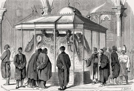 Showcase with the Turkish crown jewels, Ottoman General Exposition, Constantinople, Ottoman Empire,