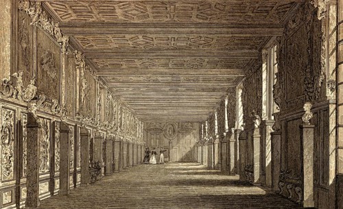 Gallery, The Royal Château de Fontainebleau, near Paris, antique steel engraved print, 1831