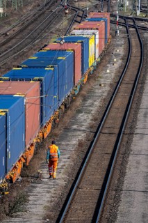 Container trains in the freight yard, so-called installation tracks in Duisburg-Rheinhausen,