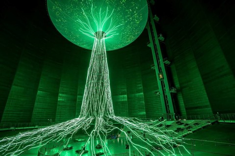 New exhibition at Gasometer Oberhausen, art sculpture The Tree, 40 meter high light installation,