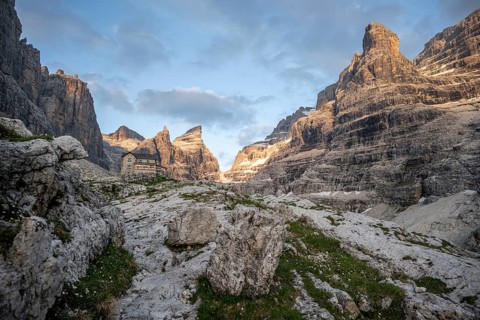 Sunset, Refugio Francis Fox Tuckett Alpine Club Hut, mountain peaks of the Brenta Mountains,
