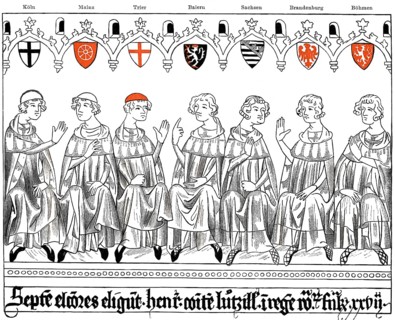 Illustration of Prince-electors in deliberation, from left: Archbishop of Cologne, Archbishop of