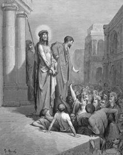 Jesus is shown to the people, John chapter 19, verse 5, Pilate, crown, thorns, crowd, houses,
