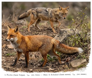 Fox (Canis vulpes) and jackal (Canis aureus), display board, historical illustration, digitally