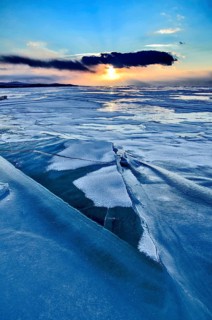 Sunset on ice, Lake Baikal, Olkhon Island, Pribaikalsky National Park, Irkutsk Province, Siberia,
