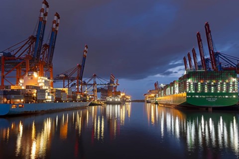 Blue hour, container ships, container bridges, Eurogate, Burchardkai, Waltershof, harbour, Hamburg,