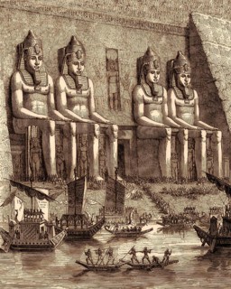 Ancient Egyptian ships, Abu Simbel temple, drawing from the 19th century